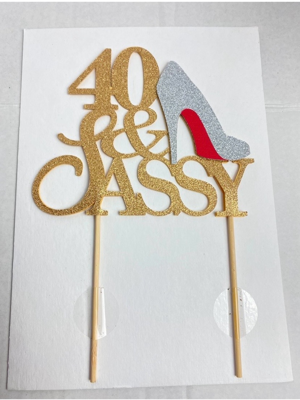 Gold Glitter "40 & Sassy" Cake Topper with Silver High Heel and Red Accent